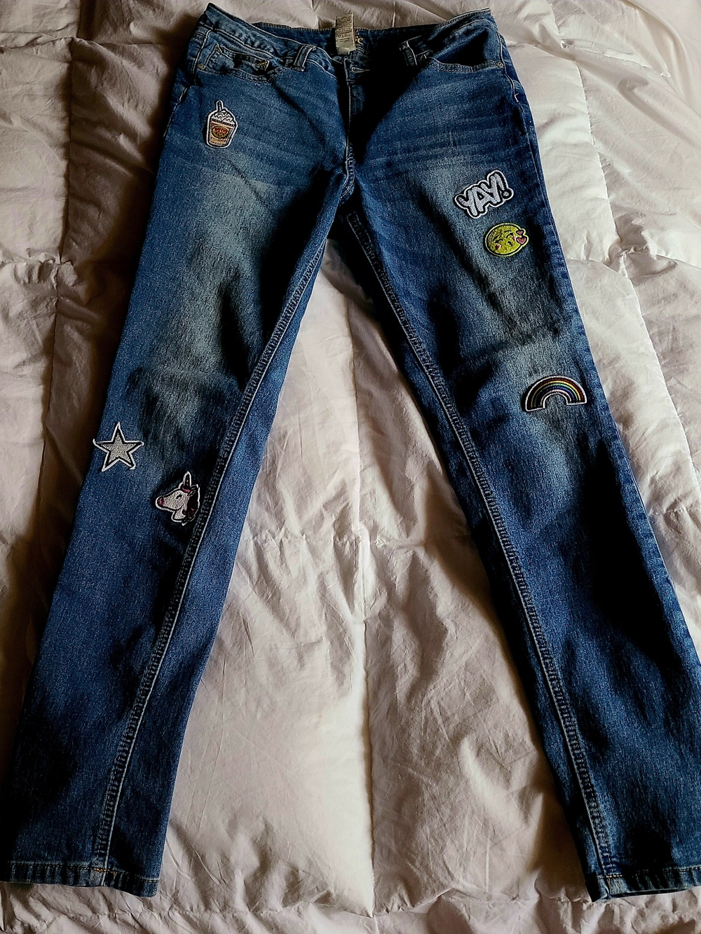 Justice Blue Denim Jeans with Fun Patch Embellishments